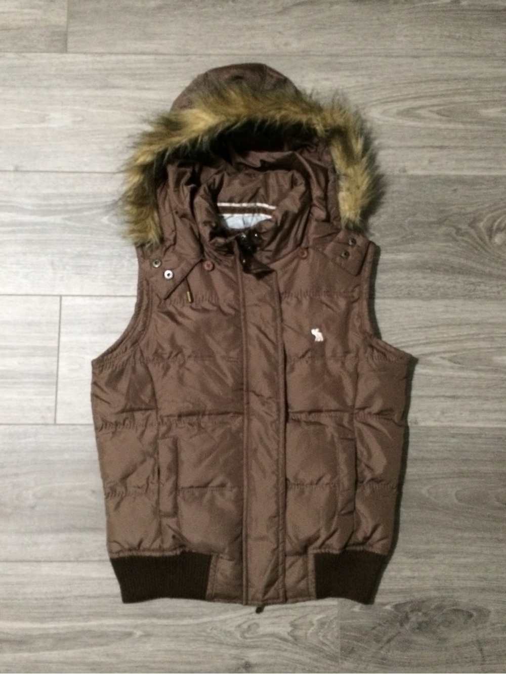 Abercrombie & Fitch Brown Hooded Puffer Vest with Faux Fur Trim